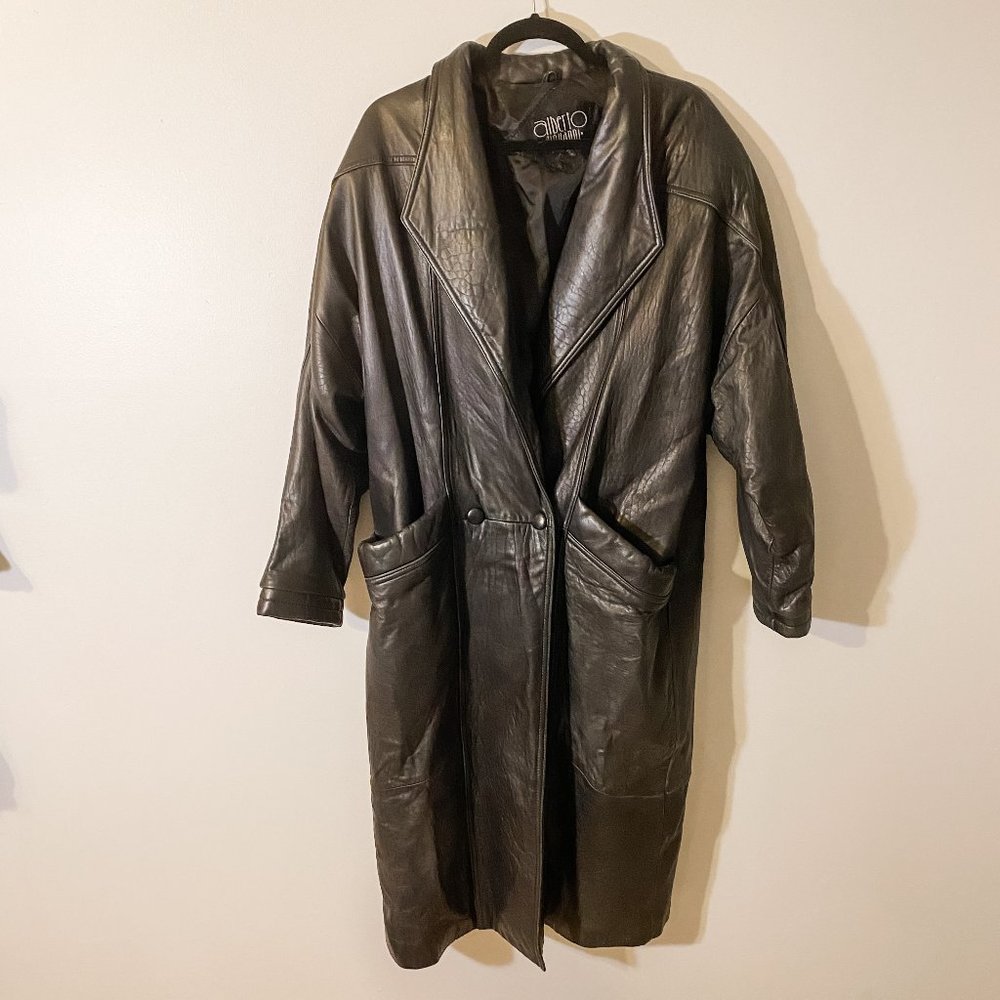 Black Leather trench coat length jacket